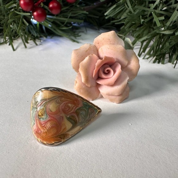 Mismatched Vintage Earrings: Clay Rose + Pink/Green Swirl Teardrop Earrings - Picture 2 of 14